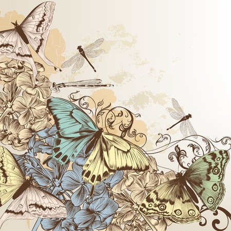Elegant vector background with pastel butterflies and hand drawn flowersのイラスト素材