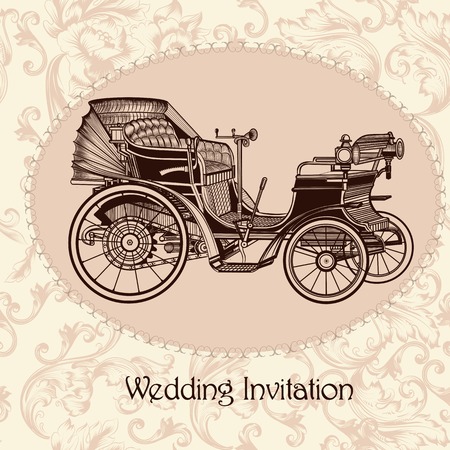 Vector invitation with vintage seamless vector pattern and retro carのイラスト素材