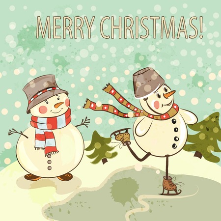 Christmas greeting card with little smile snowmen ski on lakeのイラスト素材