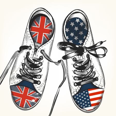 Fashion background with sports boots decorated by British and USA flagsのイラスト素材