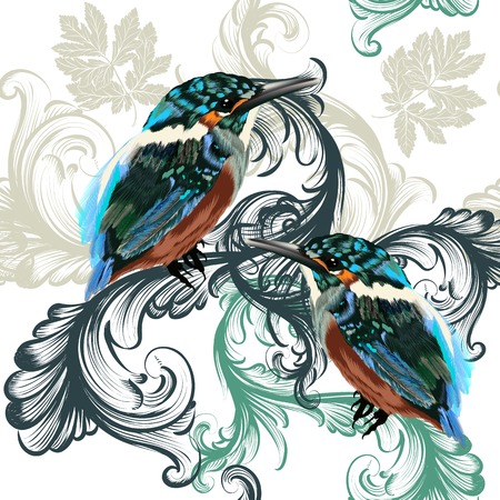 Seamless pattern with realistic birds and swirlsのイラスト素材