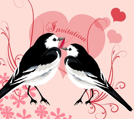 Pink invitation card with couple of birds and hearts of loveのイラスト素材