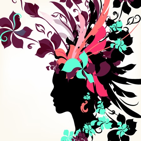 Illustration with female face silhouette has floral hair styleのイラスト素材