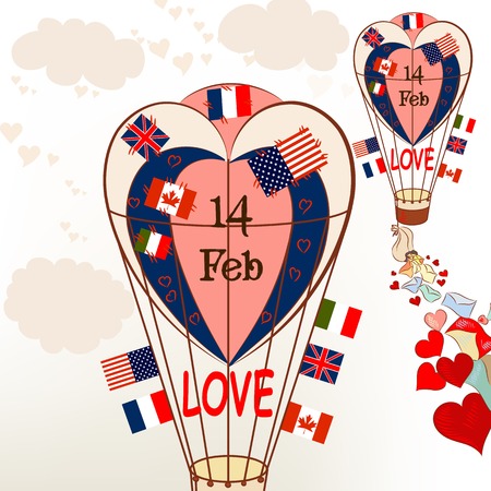 Air balloons with international flags and hearts Valentine's greetingsのイラスト素材