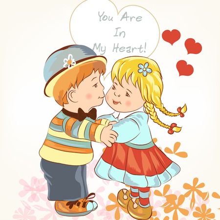 Valentine's Day card with couple of girl and boy holding hands and kissのイラスト素材