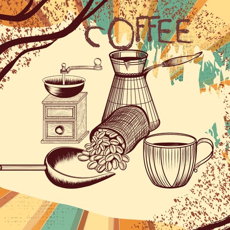 Coffee poster with hand drawn coffee mill, coffee grains, mugのイラスト素材