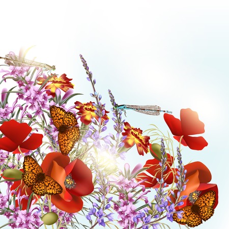 Nature background with field flowers and butterfliesのイラスト素材