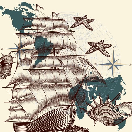 Vector background design with oldfashioned ship and mapのイラスト素材