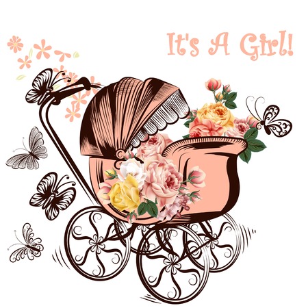 Birthday greeting card with childish pram and butterflies it is a girlのイラスト素材