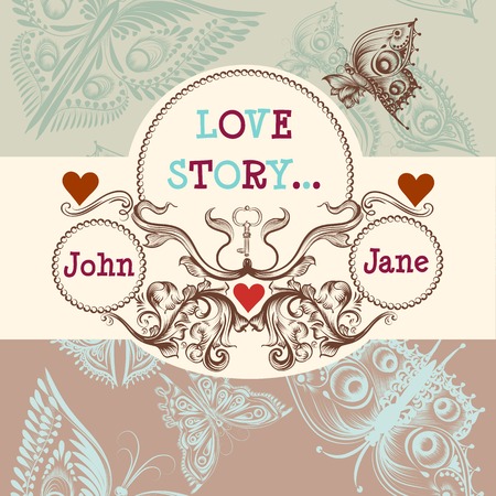 Beautiful wedding card with butterflies and swirls in vintage styleのイラスト素材