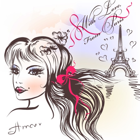 Beautiful French coquette girl and Eifel tower with love from Parisのイラスト素材
