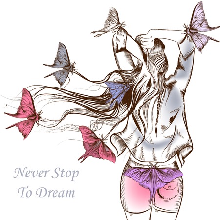 Fashion vector illustration butterflies and girl with a very long hair staying backのイラスト素材