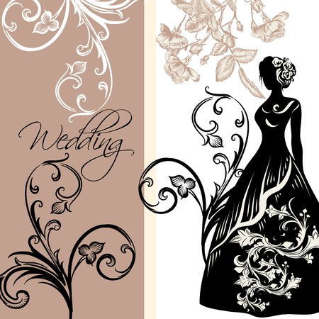 Wedding invitation with female silhouette, roses and ornamentのイラスト素材