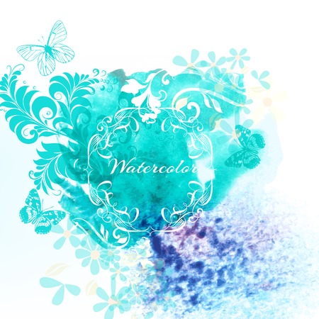 Watercolor background with spot and some floral elementsのイラスト素材
