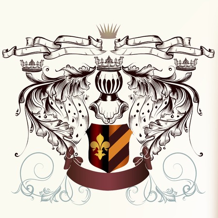 Heraldic shield with crowns and ribbons in engraved styleのイラスト素材
