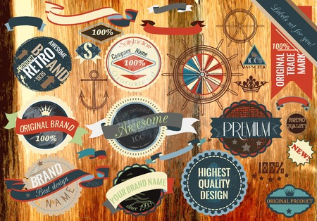 Set of vector vintage labels on a wooden textureのイラスト素材