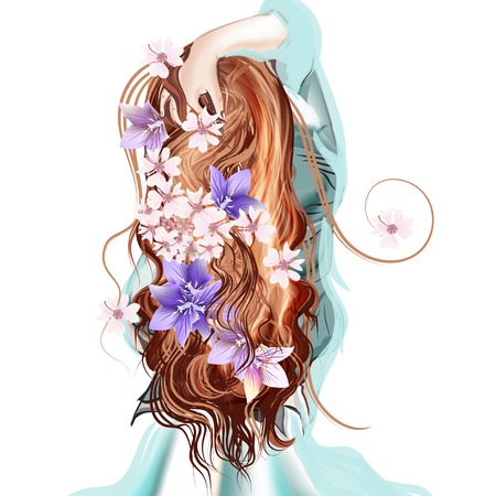 Beautiful illustration with long hared girl standing  back with  flowers in her hairのイラスト素材