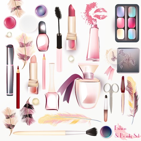 Beauty set from vector watercolor cosmetics make up artists objects lipstick, nail, perfumes, eye shadowsのイラスト素材