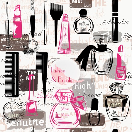 Beauty and fashion seamless pattern from silhouettes of cosmetics make up artists objects lipstick, nail, perfumes grunge styleのイラスト素材