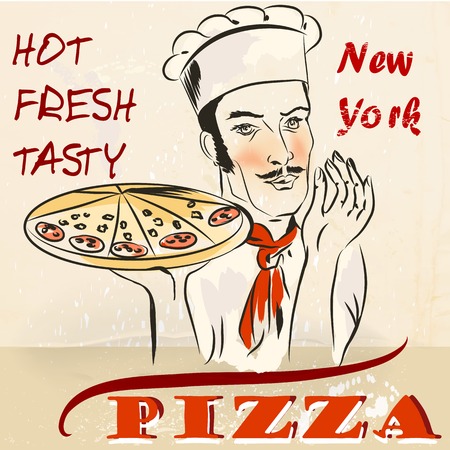 Advertizing pizza poster with waiter or cook holding hot fresh New York pizza retro styleのイラスト素材