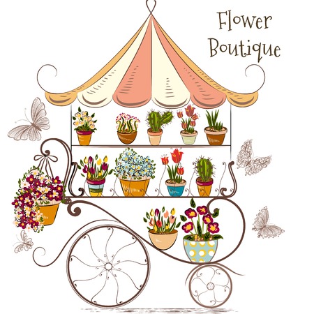 Cute illustration with flower shop or boutique fully of flowers in different pottersのイラスト素材