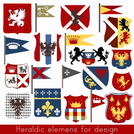 Set of vector heraldic elements shields, fleur de lis, flags, crowns and otherのイラスト素材