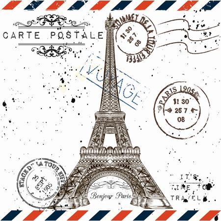 Bonjour Paris. Imitation of vintage post card with Eiffel tower and post stamps Paris, voyage travel vocation theme grunge styleのイラスト素材