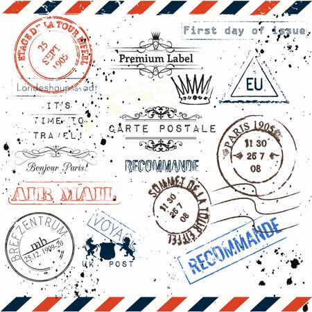 Collection of vector imitation of vintage post stamps Paris, voyage travel vocation theme grunge styleのイラスト素材