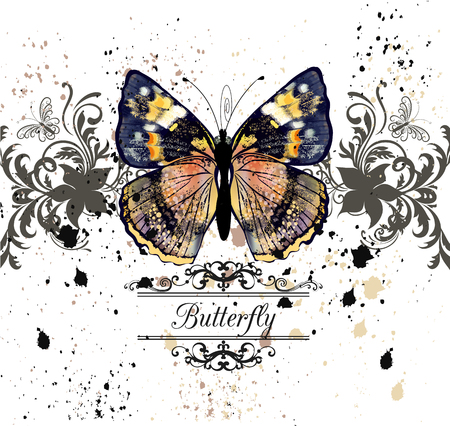 Fashion illustration with colorful butterfly and ink spots, grunge style backgroundのイラスト素材