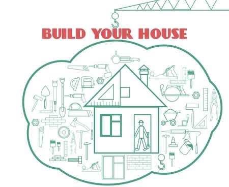 Build your house. Vector illustration with building web icons around cute houseのイラスト素材