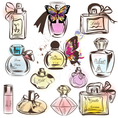 Collection of different perfumes. Elegant vector illustrationのイラスト素材