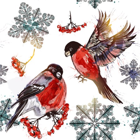 Beautiful wallpaper pattern in watercolor style with bullfinches  rowan and snowflakes on a Christmas themeのイラスト素材