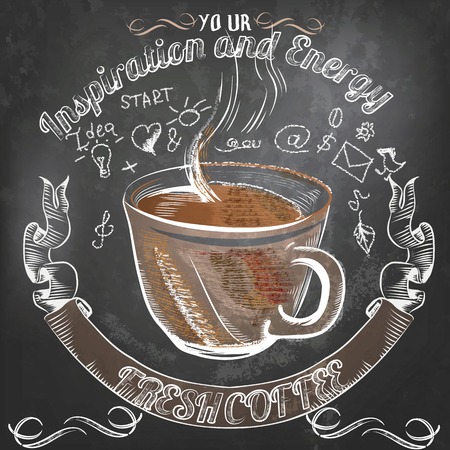 Coffee vector  poster in vintage style drawing with chalk on a blackboard with coffee inspiration and energy on all day longのイラスト素材