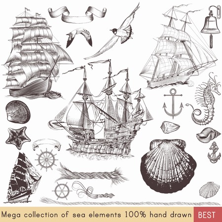 Mega nautical pack with ships, shells and other sea elements for your designのイラスト素材