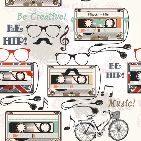 Hipster vector seamless background with old cassette headphones notes bike and glassesのイラスト素材