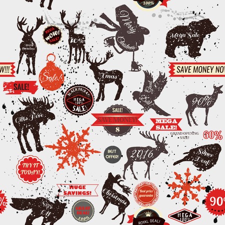 Grunge seamless background with stickers labels and animal shapes Christmas sale themeのイラスト素材