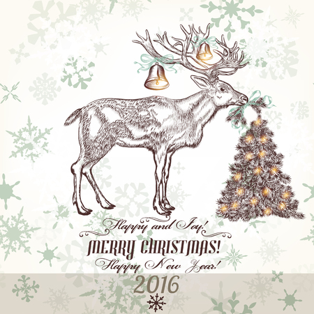 Christmas greeting card with north deer bells Christmas tree and snowflakesのイラスト素材