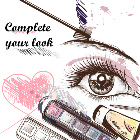 Fashion  background with make up accessories mascara shadows and other cosmetic  and beautiful female eye complete your lookのイラスト素材