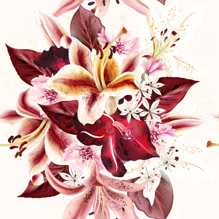 Seamless floral pattern with lily flowers in watercolor style illustrationのイラスト素材