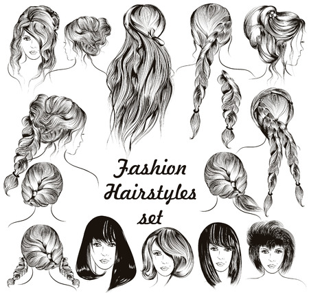 Fashion illustration different female hairstyles set in engraved styleのイラスト素材