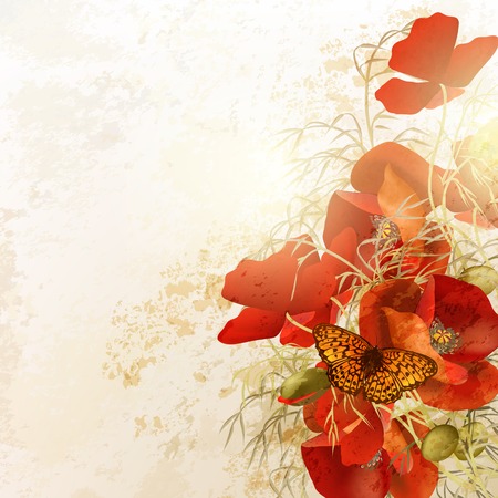 Grunge vector background with poppy  flowers in vintage styleのイラスト素材
