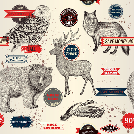 Antique grunge seamless background with stickers labels and hand drawn animasのイラスト素材