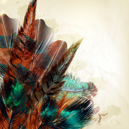 Fashion feather stylish illustration in grunge vintage style with realistic feathersのイラスト素材