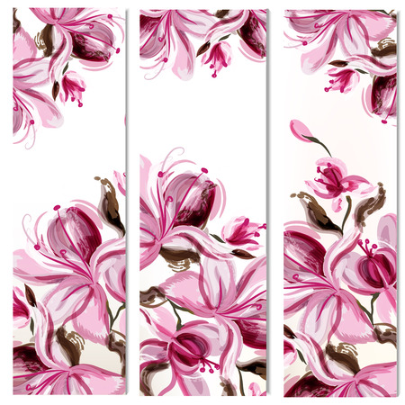 Vector vertical brochures set with magnolia flowers and feathers painted in watercolor style by spotsのイラスト素材