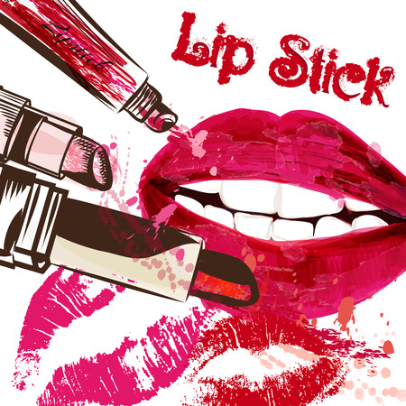 Fashion vector poster with red lips lipstick painted by spots in watercolor styleのイラスト素材