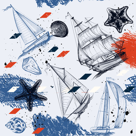 Vector seamless background with hand drawn ships star fishes shells in vintage  styleのイラスト素材