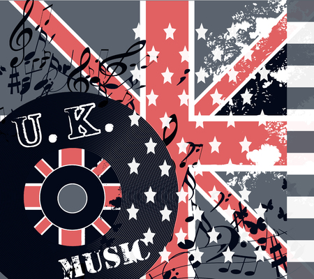 Music hipster background with UK and USA flags and music notes for designのイラスト素材