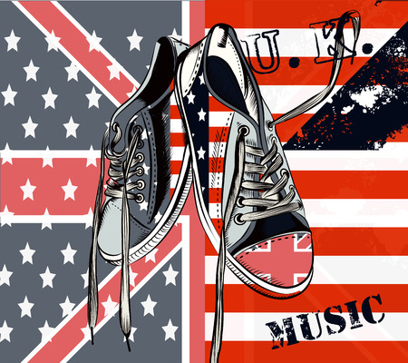 Illustration with vector sneakers with USA and British flags hipster fashion backgroundのイラスト素材
