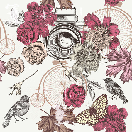 Fashion seamless background with hand drawn  vintage camera flowers birds and bicycle imitation of retro patternのイラスト素材