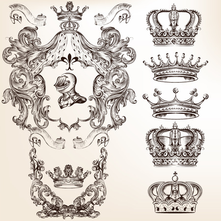 Collection of filigree high detailed shields and crowns for designのイラスト素材